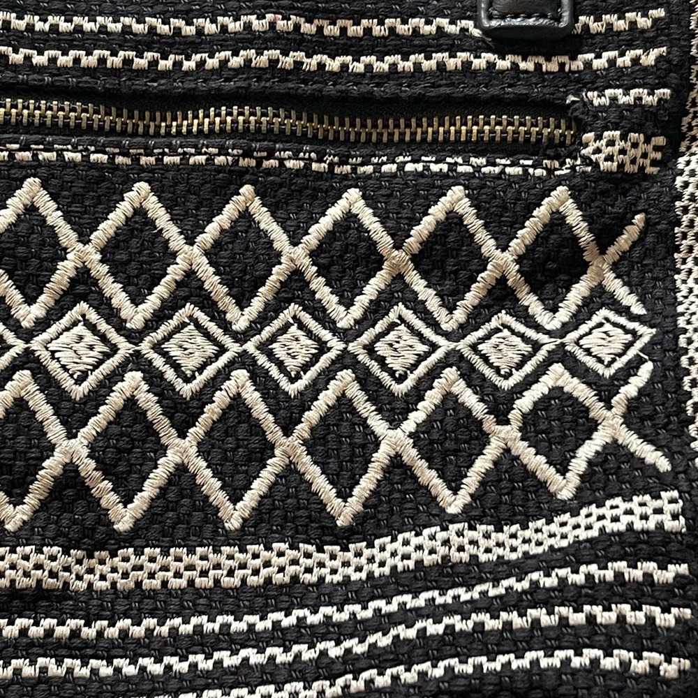 Lucky Brand Dory Tote Bag Black White Geometric Woven Canvas Embroidery Boho - Picture 3 of 11